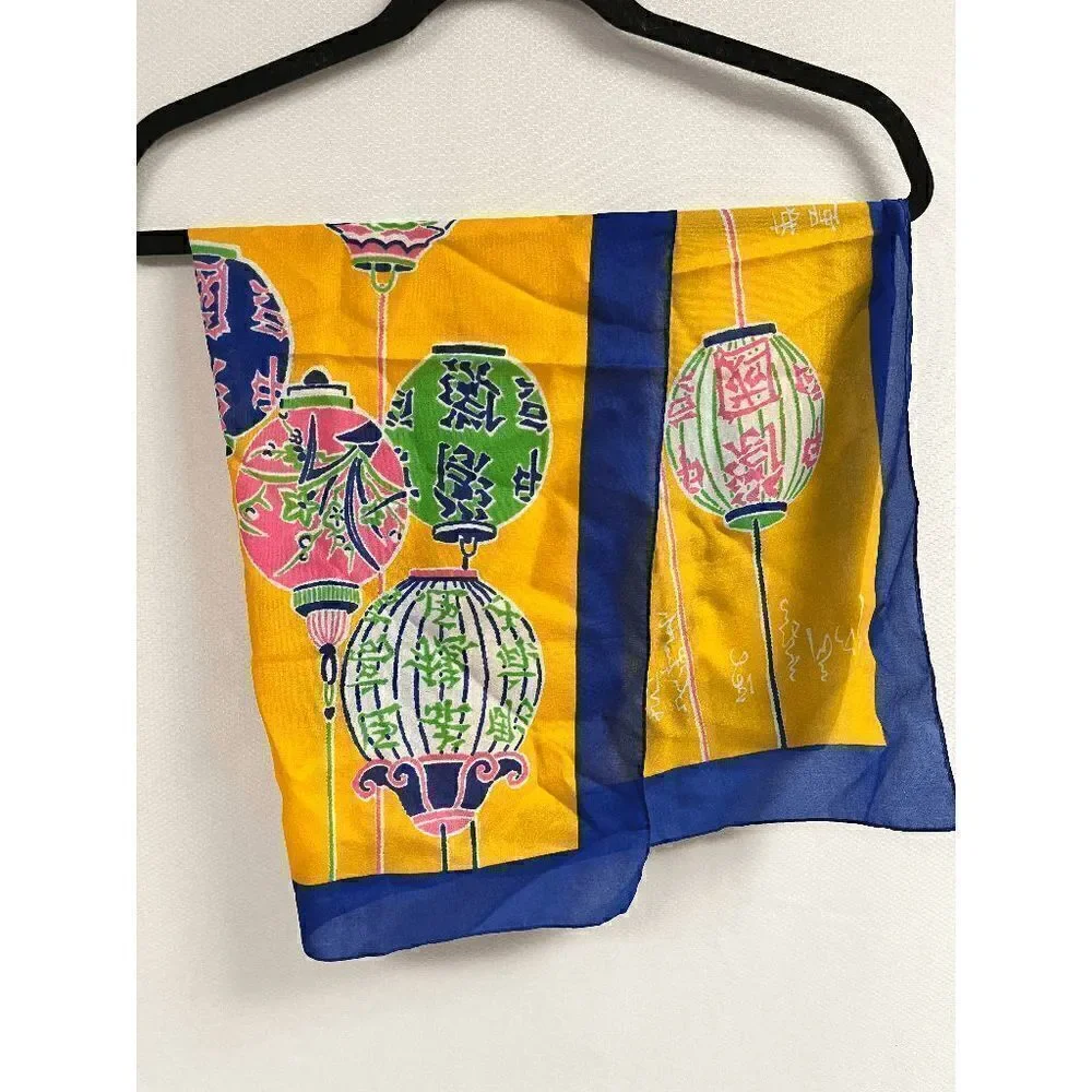 Vintage Scarf Square Blue Yellow Multicolor Chinese Lantern Print